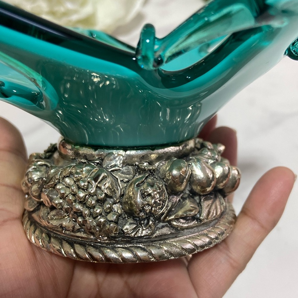 Small Murano Footed Glass Bowl Dish Glass Trinket Tray With Silver Fruit Stand - Picture 10 of 17